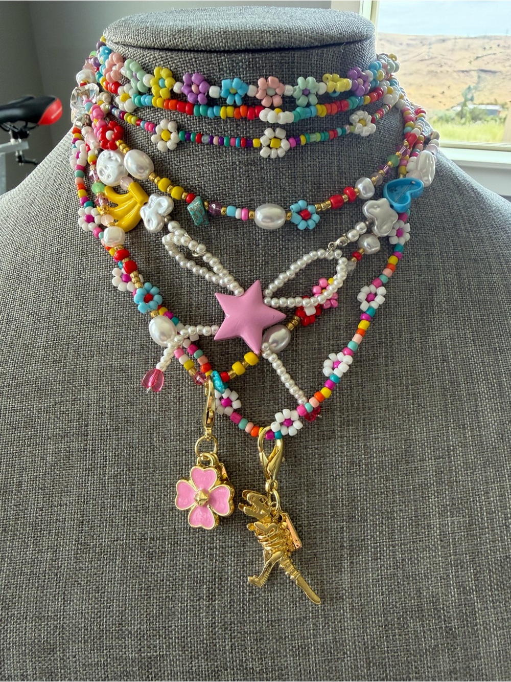 Handmade Multicolor Beaded Layered Necklace with Pink Star and Charm lot